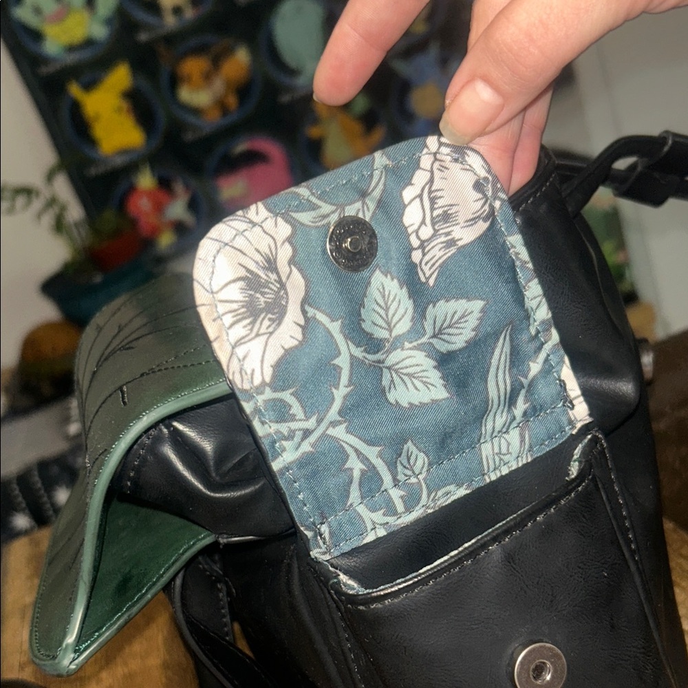 Dolls Kill Black Bucket Bag with Teal Floral Lining - Picture 3 of 8